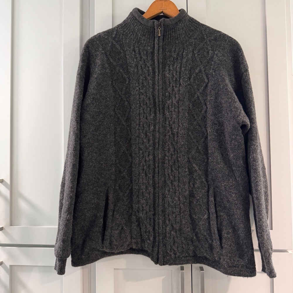 Carraig Donn Ireland Mens Wool Aran Cable Knit Full Zip Sweater Gray Large